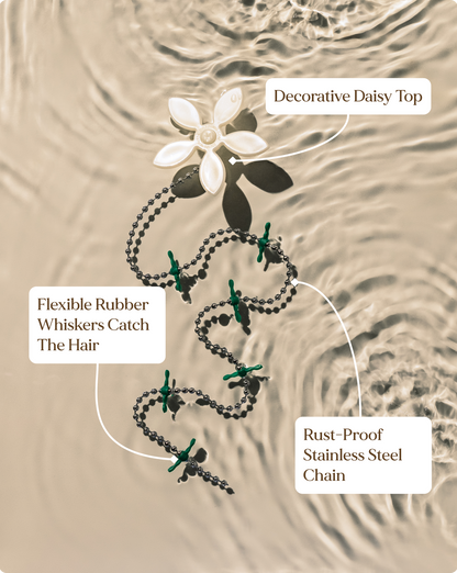 DrainWig hair catcher displayed in water with descriptions